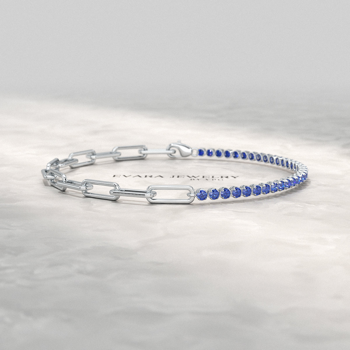 1.36 Carat Natural Blue Sapphire Paperclip 50 - 50 Tennis Bracelet - Evara Jewelry LLC