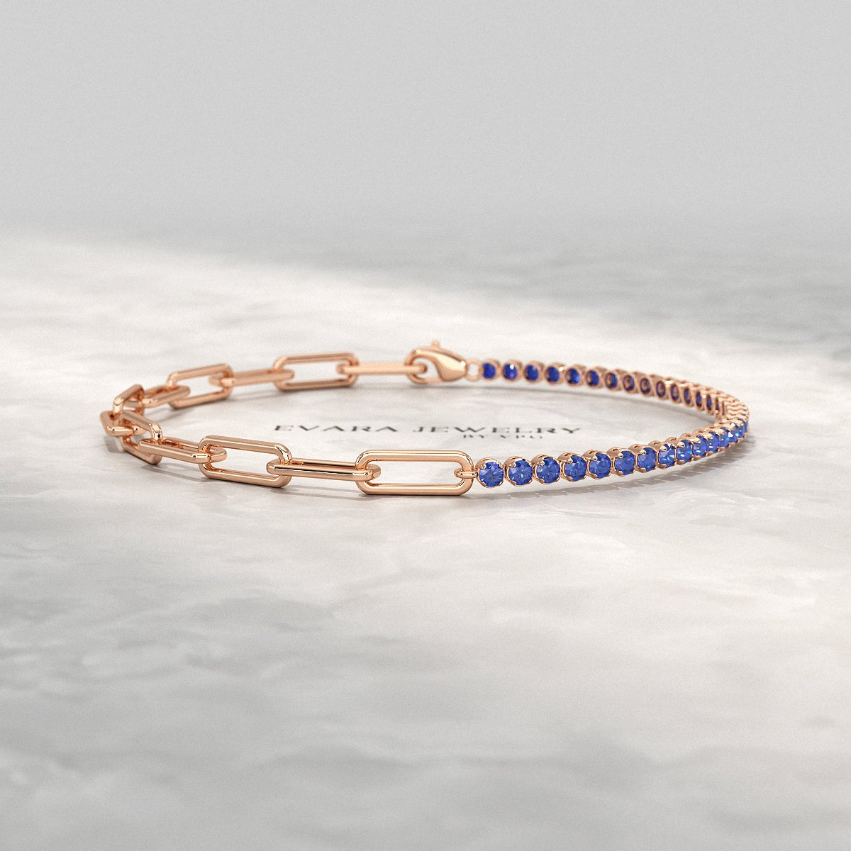 1.36 Carat Natural Blue Sapphire Paperclip 50 - 50 Tennis Bracelet - Evara Jewelry LLC