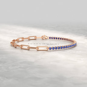 1.36 Carat Natural Blue Sapphire Paperclip 50 - 50 Tennis Bracelet - Evara Jewelry LLC