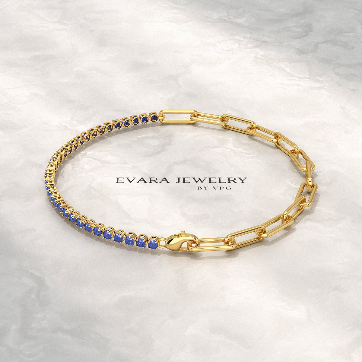 1.36 Carat Natural Blue Sapphire Paperclip 50 - 50 Tennis Bracelet - Evara Jewelry LLC