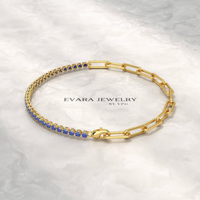 1.36 Carat Natural Blue Sapphire Paperclip 50 - 50 Tennis Bracelet - Evara Jewelry LLC