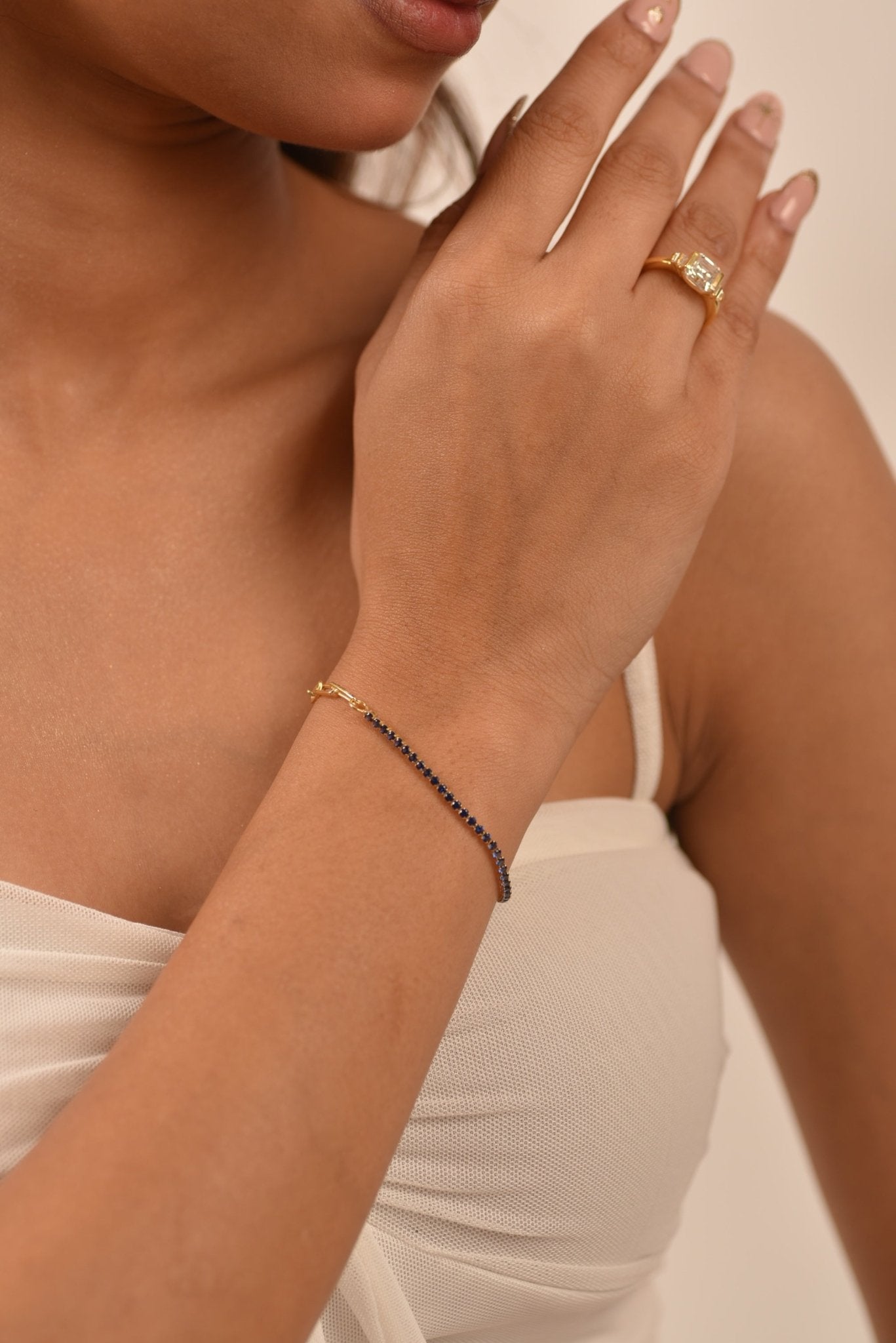 1.36 Carat Natural Blue Sapphire Paperclip 50 - 50 Tennis Bracelet - Evara Jewelry LLC