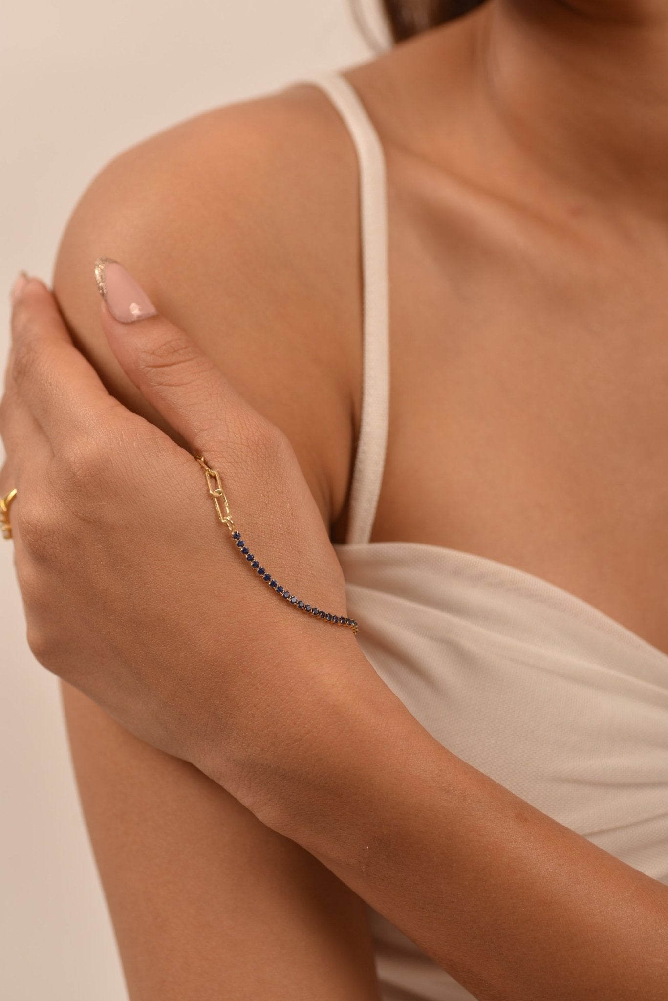 1.36 Carat Natural Blue Sapphire Paperclip 50 - 50 Tennis Bracelet - Evara Jewelry LLC