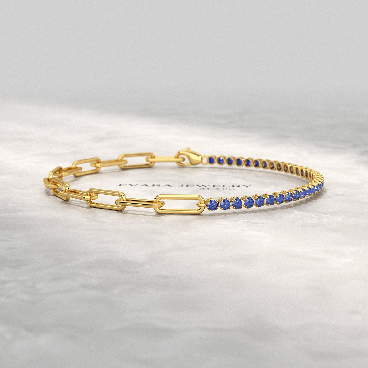 1.36 Carat Natural Blue Sapphire Paperclip 50 - 50 Tennis Bracelet - Evara Jewelry LLC