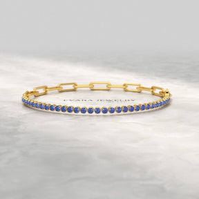1.36 Carat Natural Blue Sapphire Paperclip 50 - 50 Tennis Bracelet - Evara Jewelry LLC