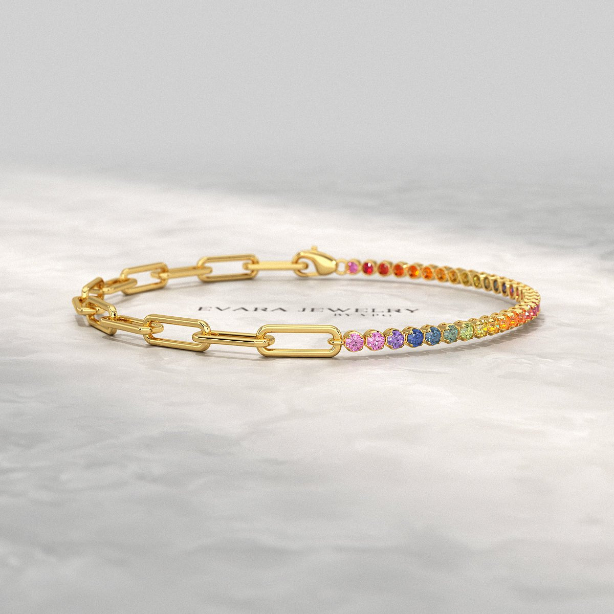 1.36 Carat Natural Rainbow Sapphire Paperclip 50 - 50 Tennis Bracelet - Evara Jewelry LLC