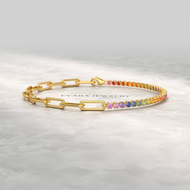 1.36 Carat Natural Rainbow Sapphire Paperclip 50-50 Tennis Bracelet