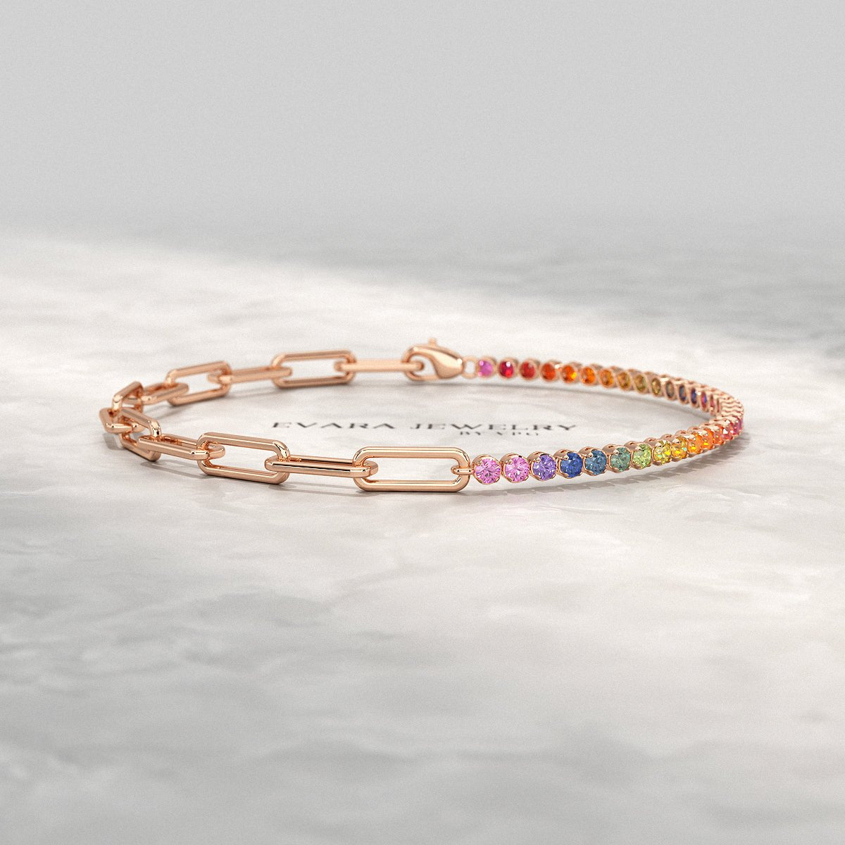 1.36 Carat Natural Rainbow Sapphire Paperclip 50 - 50 Tennis Bracelet - Evara Jewelry LLC