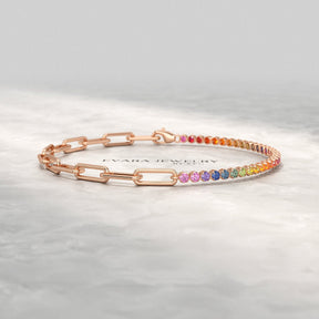 1.36 Carat Natural Rainbow Sapphire Paperclip 50 - 50 Tennis Bracelet - Evara Jewelry LLC