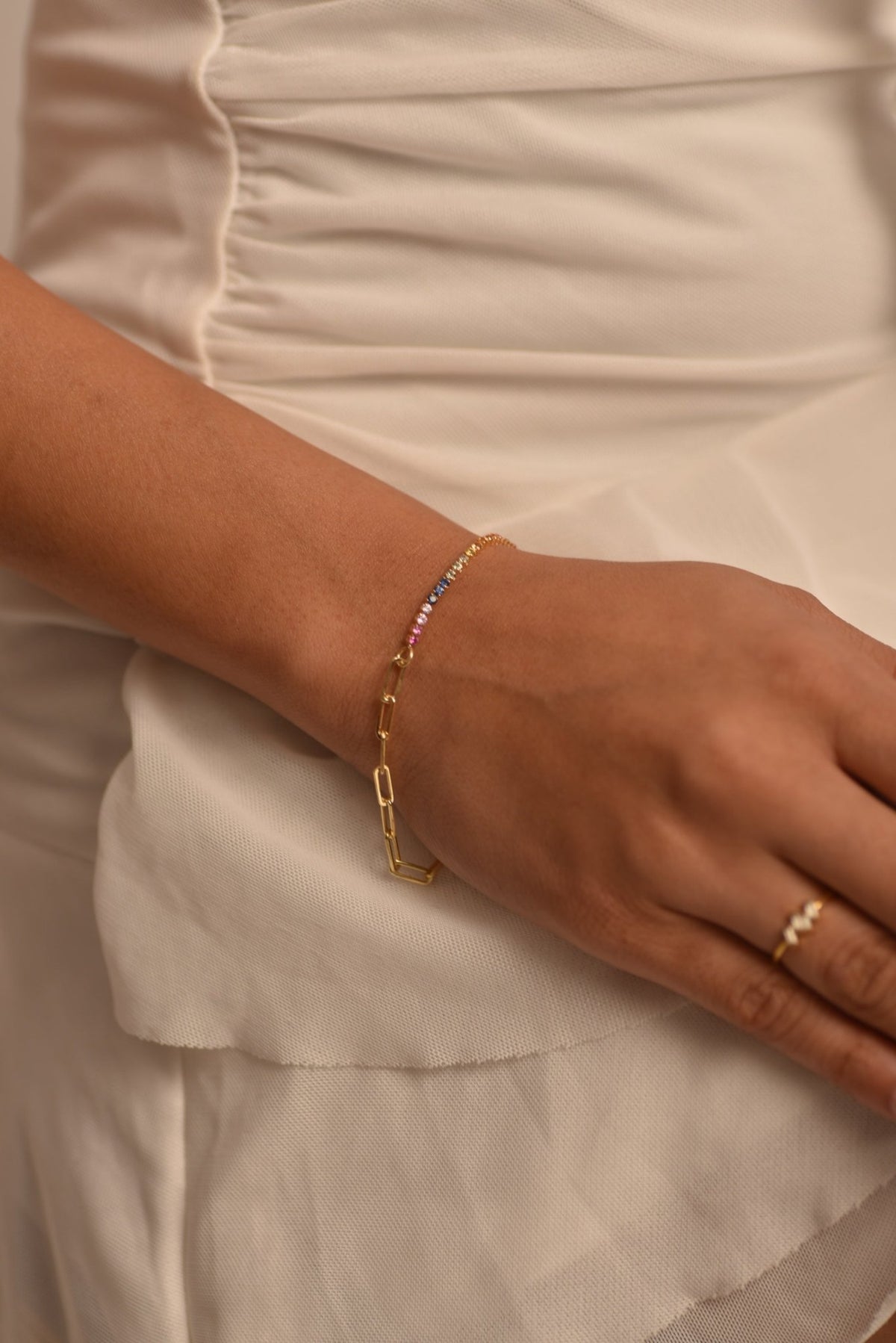 1.36 Carat Natural Rainbow Sapphire Paperclip 50 - 50 Tennis Bracelet - Evara Jewelry LLC