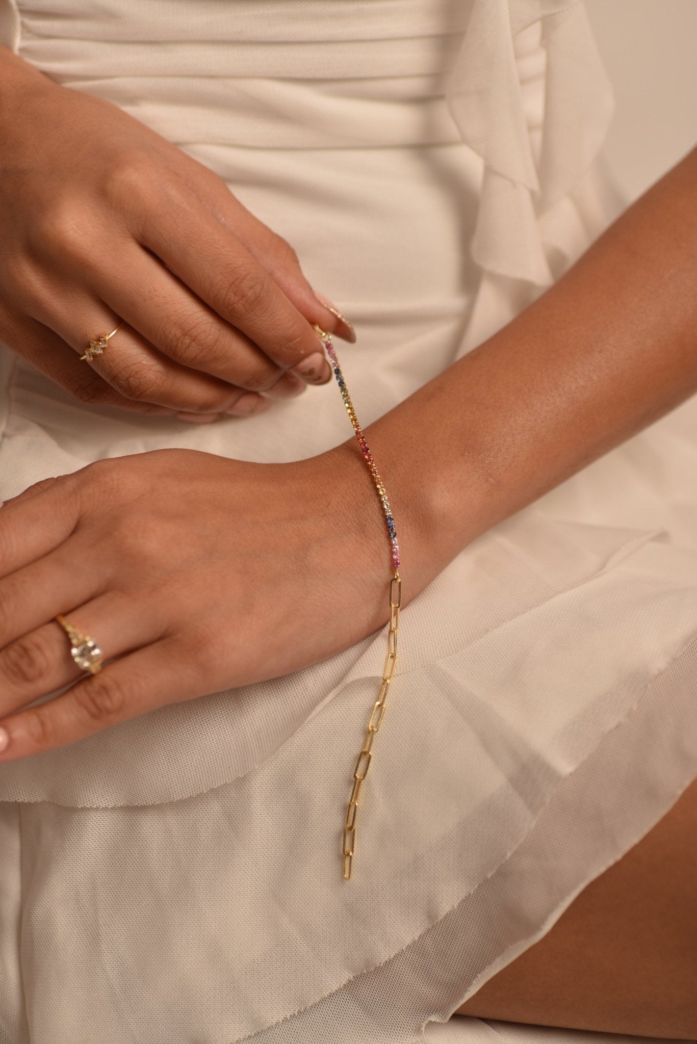 1.36 Carat Natural Rainbow Sapphire Paperclip 50 - 50 Tennis Bracelet - Evara Jewelry LLC