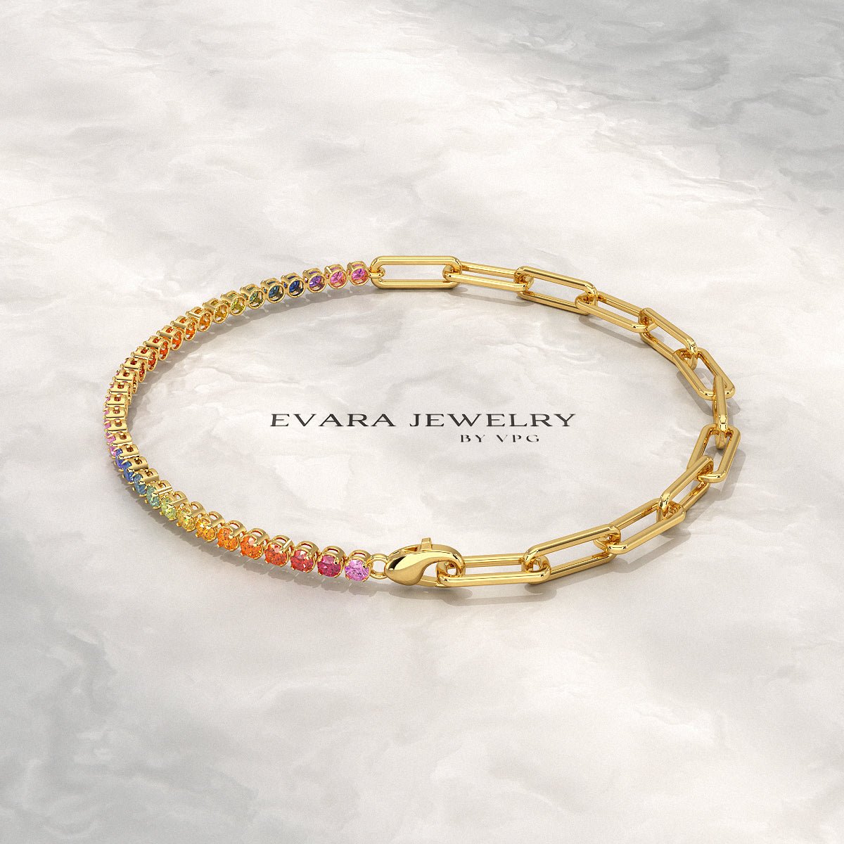 1.36 Carat Natural Rainbow Sapphire Paperclip 50 - 50 Tennis Bracelet - Evara Jewelry LLC