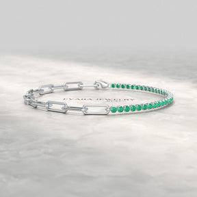 1.44 Carat Natural Emerald & Paperclip 50 - 50 Tennis Bracelet - Evara Jewelry LLC