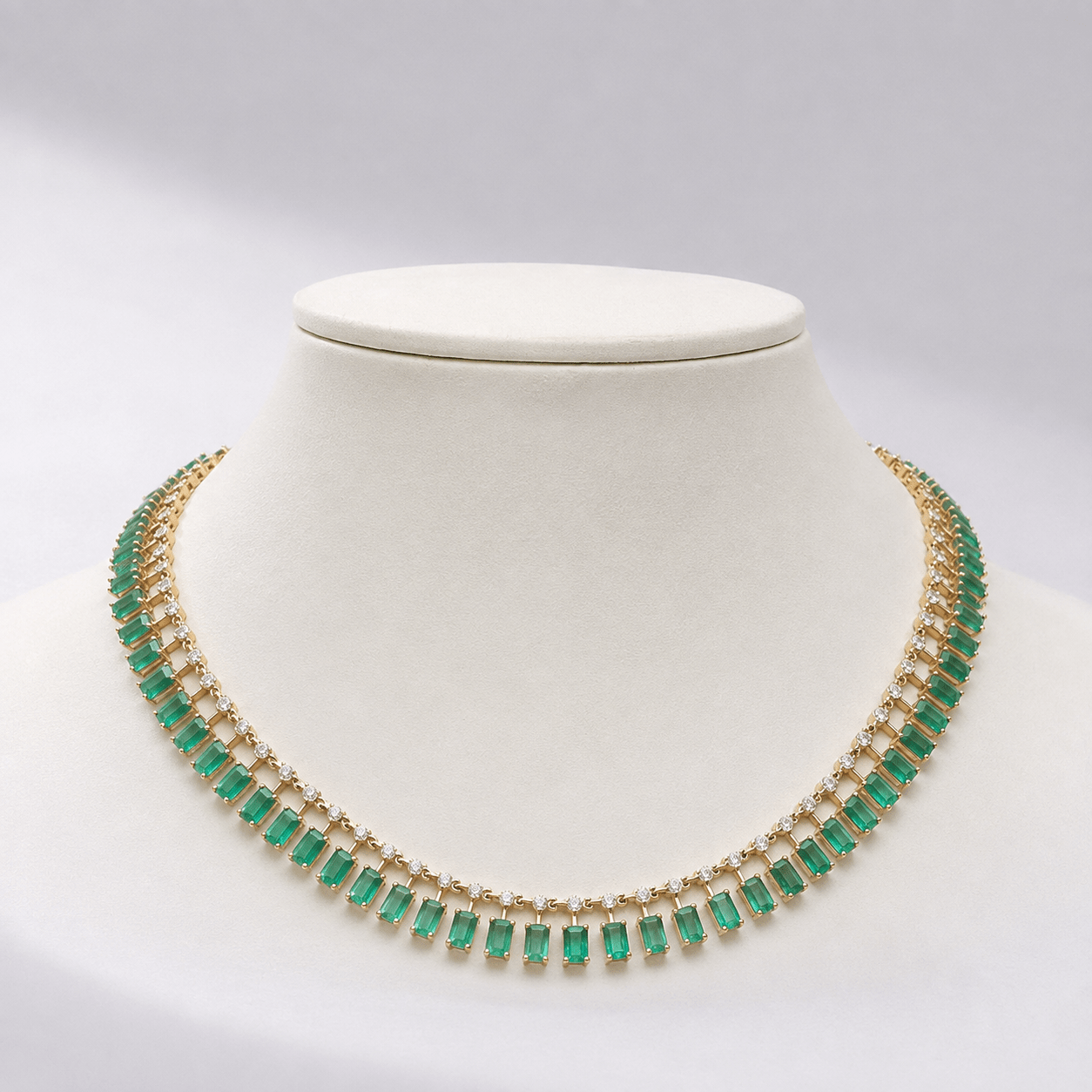 14K Gold Natural Emerald & Diamond Dot Dash Choker Necklace - Evara Jewelry LLC