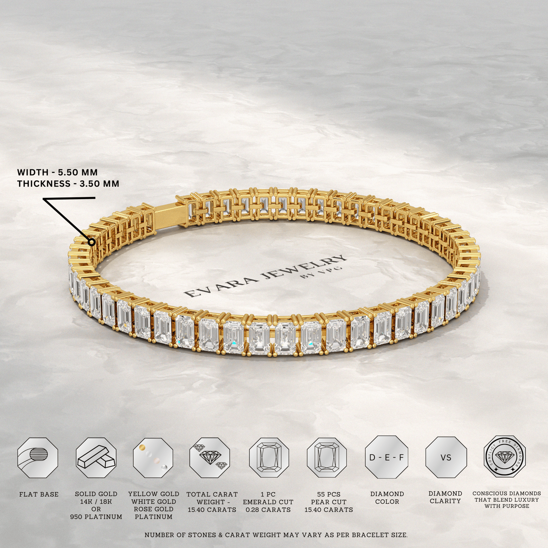 15 Carats Emerald Cut Lab Grown Diamond Tennis Bracelet - Evara Jewelry LLC