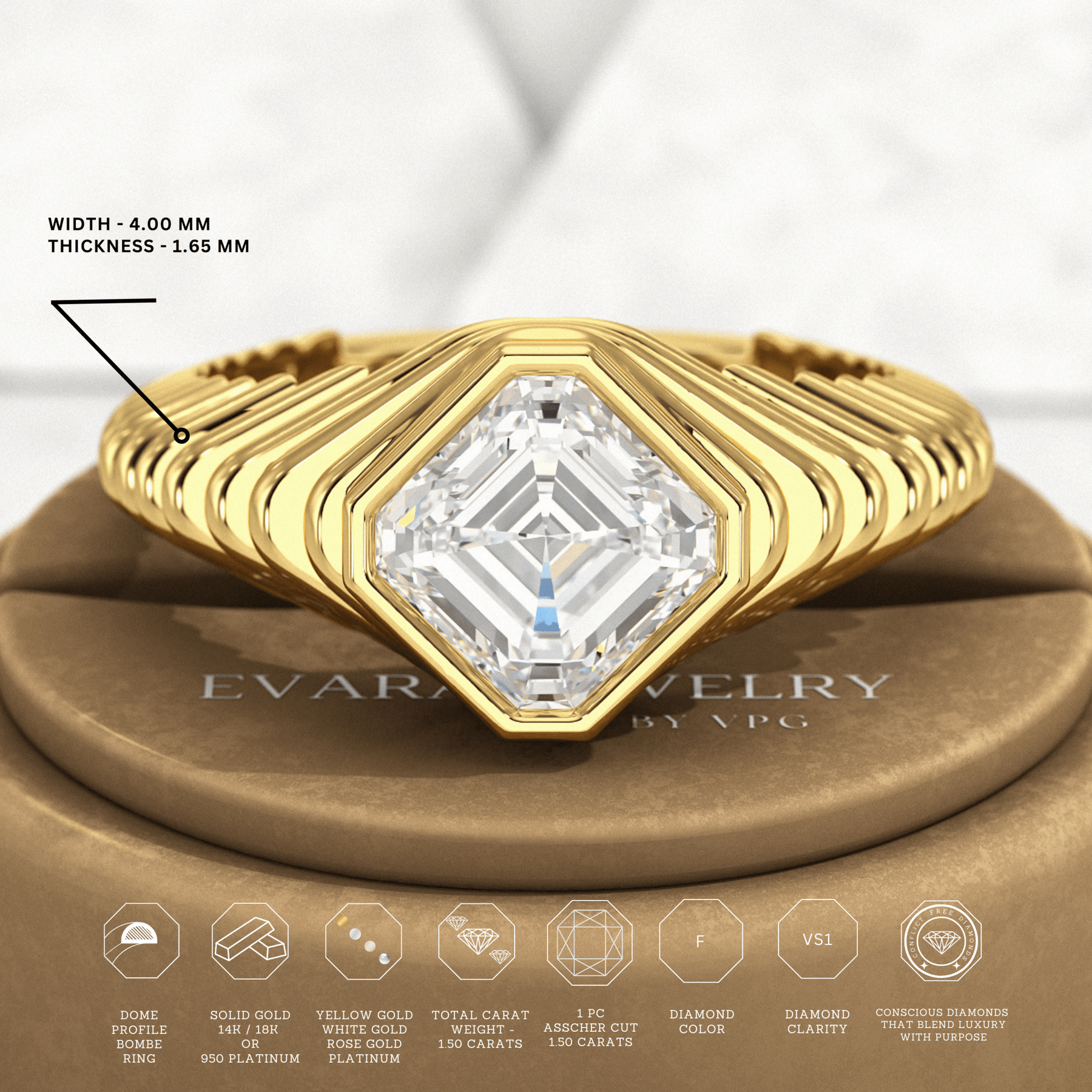 1.50 Carat Asscher Cut Diamond Chunky Bombe Ring - Evara Jewelry LLC
