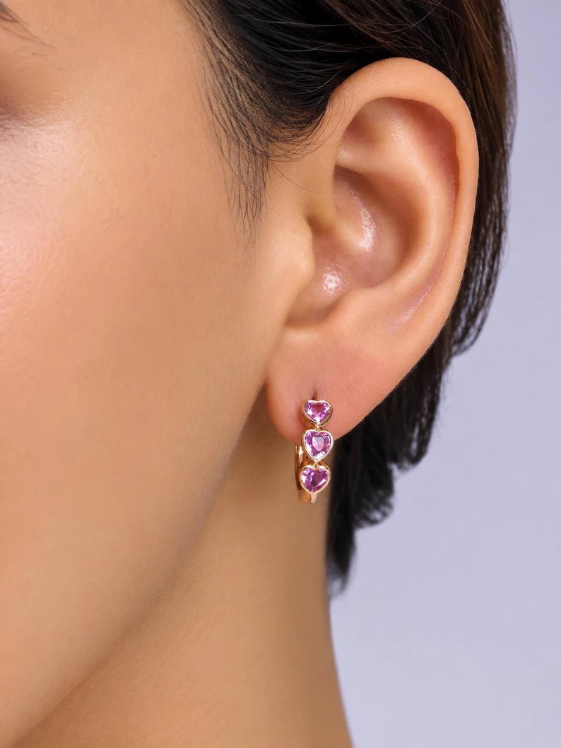 1.50 Carat Heart Cut Natural Sapphire Hoop Earrings: 14K Yellow Gold, Present for Her - Evara Jewelry LLC