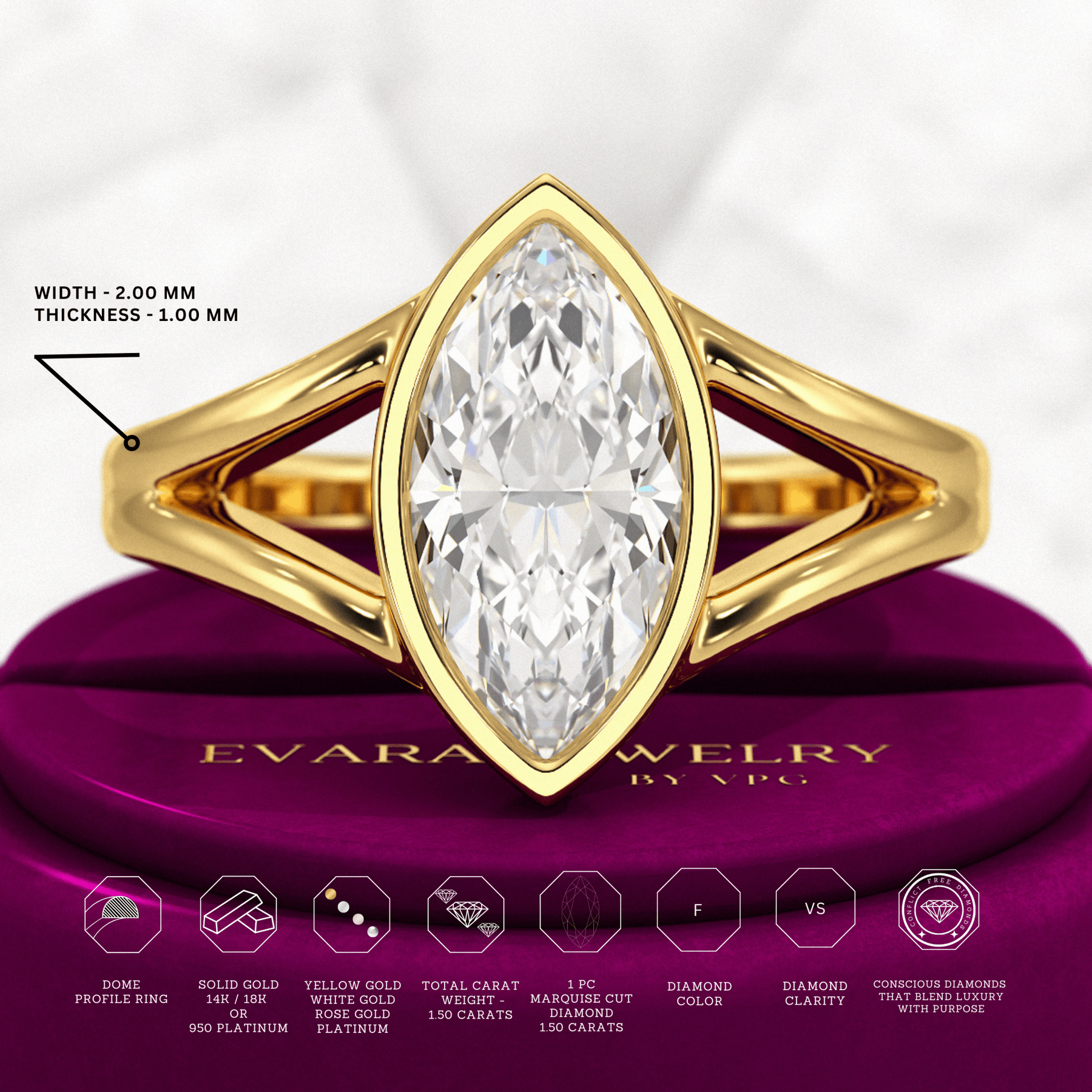 1.50 Carat Marquise Cut Modern Lab Grown Diamond Solitaire Ring - Evara Jewelry LLC