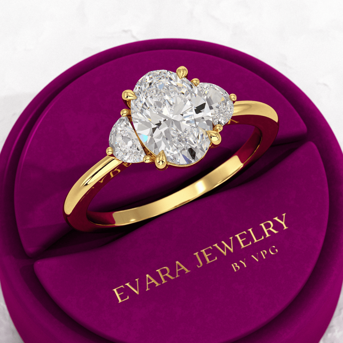 1.50 Carat Oval Diamond Engagement Ring with Half Moon Stones - Evara Jewelry LLC