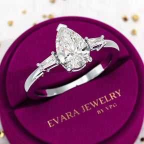 1.50 Carat Pear Cut Diamond Trilogy Engagement Ring - Evara Jewelry LLC