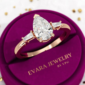 1.50 Carat Pear Cut Diamond Trilogy Engagement Ring - Evara Jewelry LLC