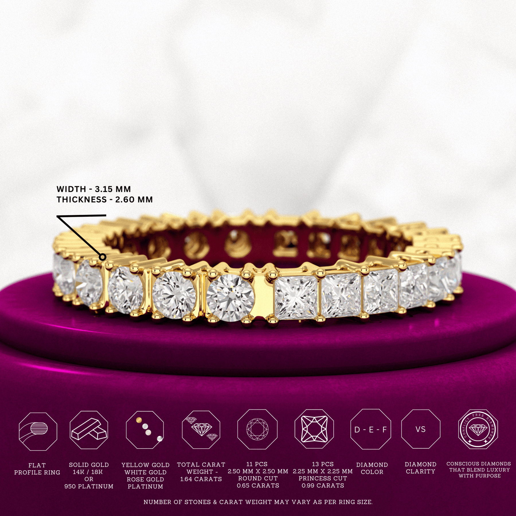 1.64 Carats Princess Cut & Round Cut Lab Grown Diamond 50 - 50 Eternity Band - Evara Jewelry LLC