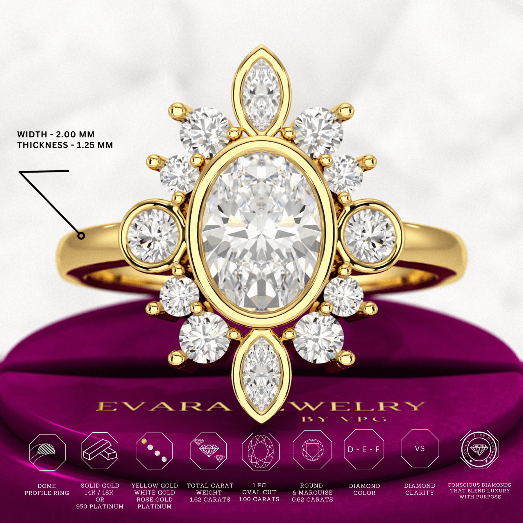 1.72 TCW Oval Diamond Art Deco Wedding Ring - Evara Jewelry LLC