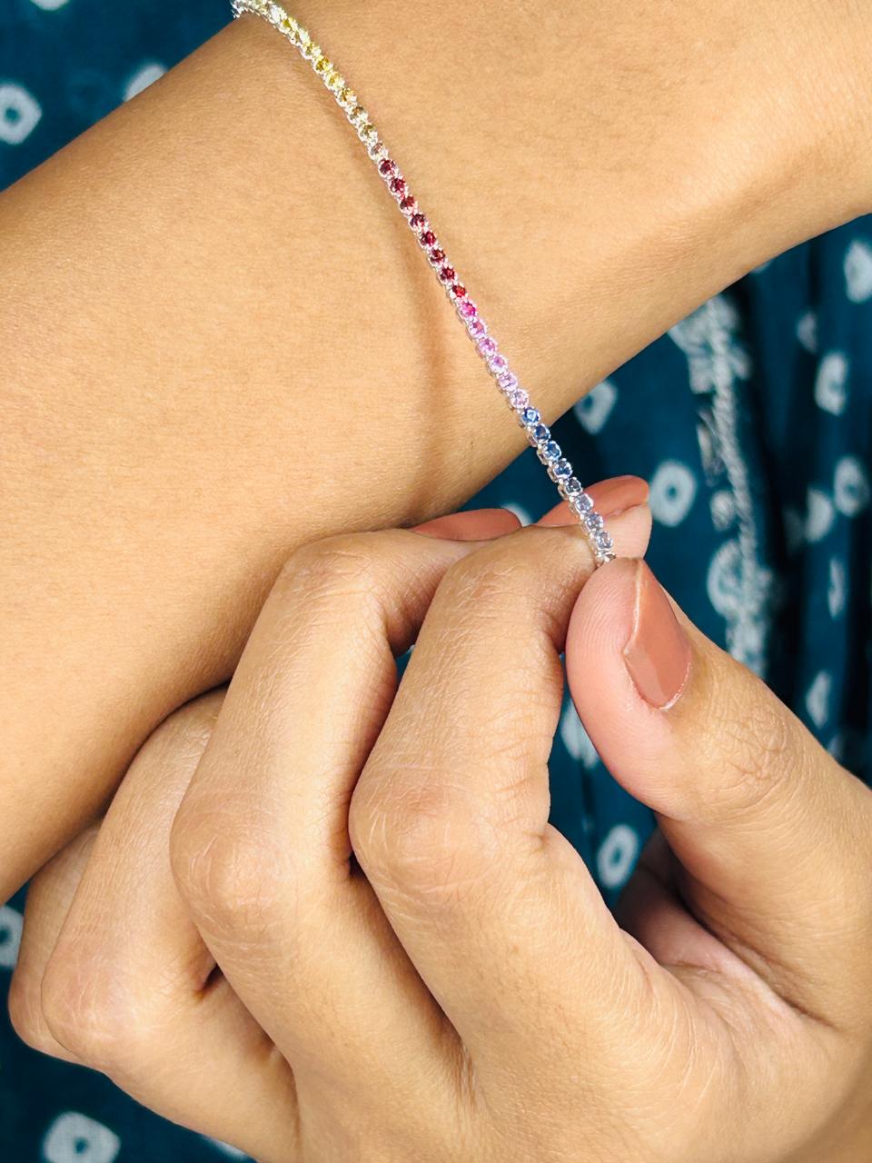 1.92 Carats Rainbow Sapphire Tennis Bracelet in Solid 14K/18K Gold - Evara Jewelry LLC