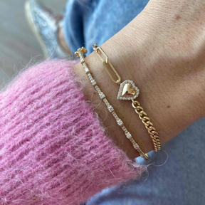 Dainty Diamond Heart Paperclip & Cuban 50-50 Bracelet