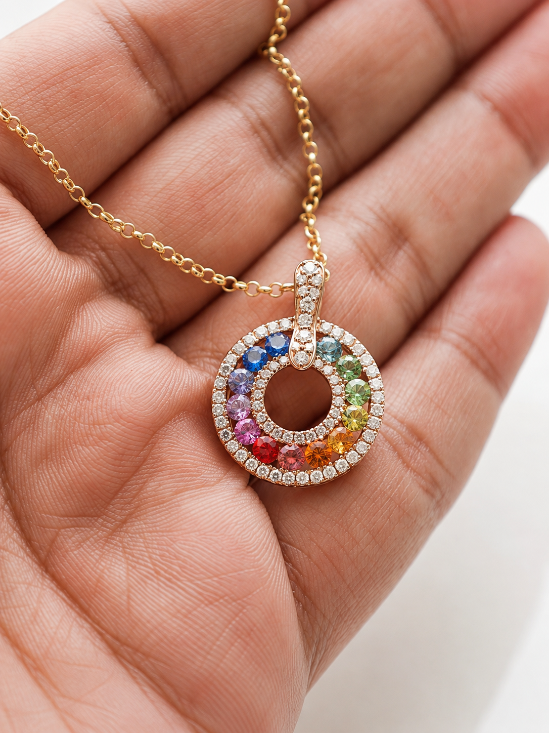 Natural Rainbow Sapphire and Lab-Grown Diamond Circle Pendant Necklace in 14K Gold
