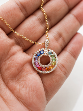 Natural Rainbow Sapphire and Lab-Grown Diamond Circle Pendant Necklace in 14K Gold