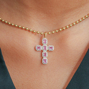 Natural Emerald-Cut Pink Sapphire and Diamond Halo Cross Pendant in 14K Gold