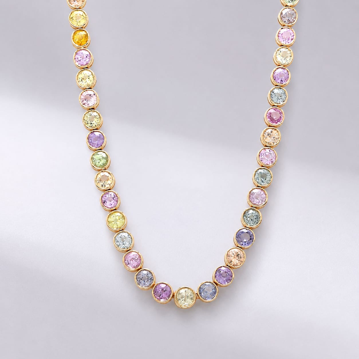 39 Carat Natural Pastel Rainbow Sapphire Bezel-Set Tennis Necklace