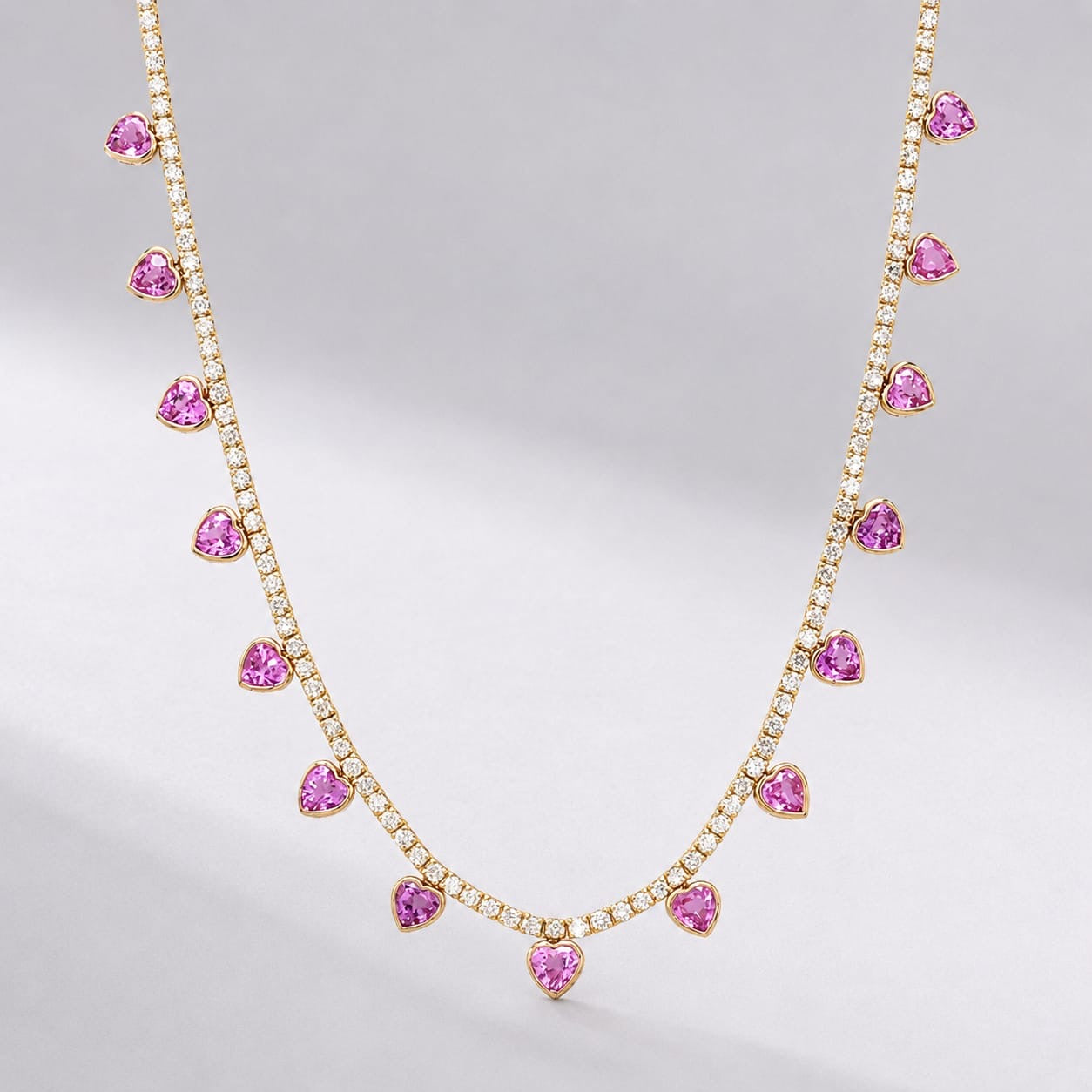 Natural Pink Sapphire Heart Charm and Lab-Grown Diamond Tennis Necklace in Rose Gold