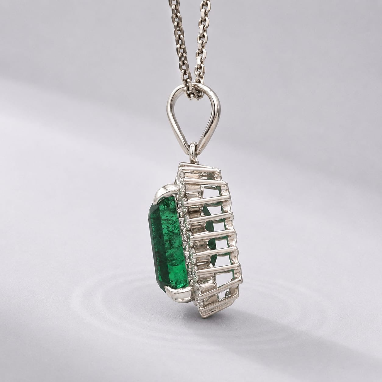 5 Carat Natural Emerald-Cut Emerald and Diamond Halo Pendant Necklace in 14K Gold