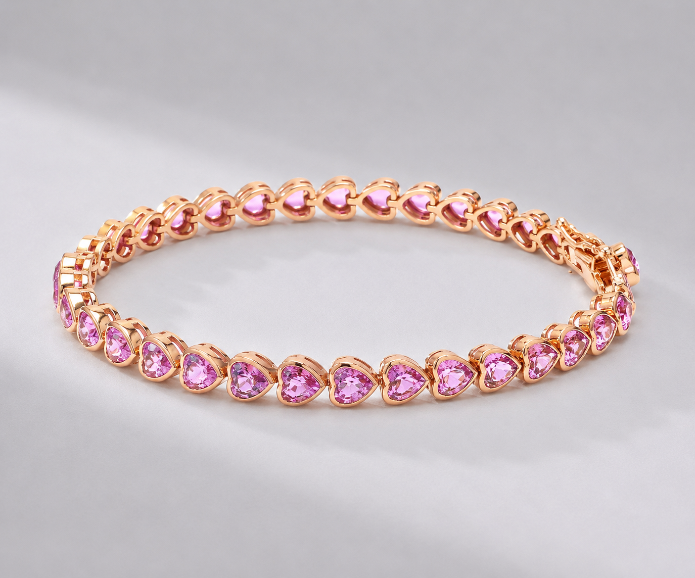 11 Carat Heart-Cut Natural Pink Sapphire Bezel Bracelet in 14K Gold