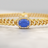 10K Solid Gold Cuban Chain Link Bracelet with Natural Blue Sapphire & Lab Grown Diamonds