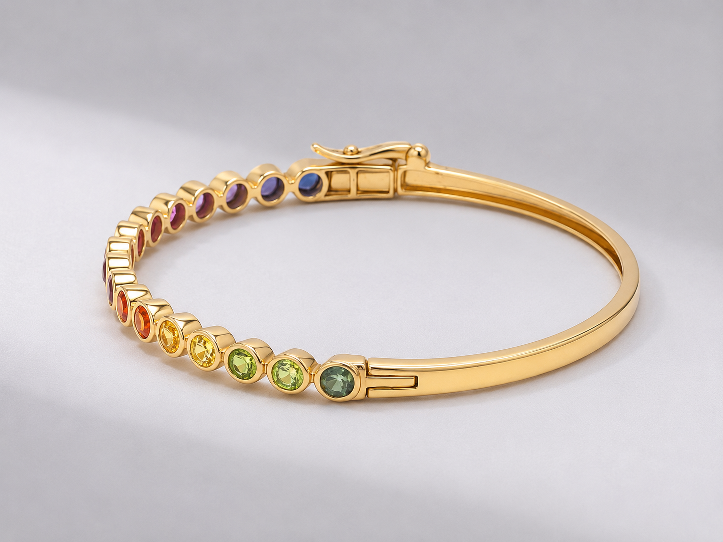 Natural Rainbow Sapphire Bezel-Set Oval Cuff Bangle in 14K Gold