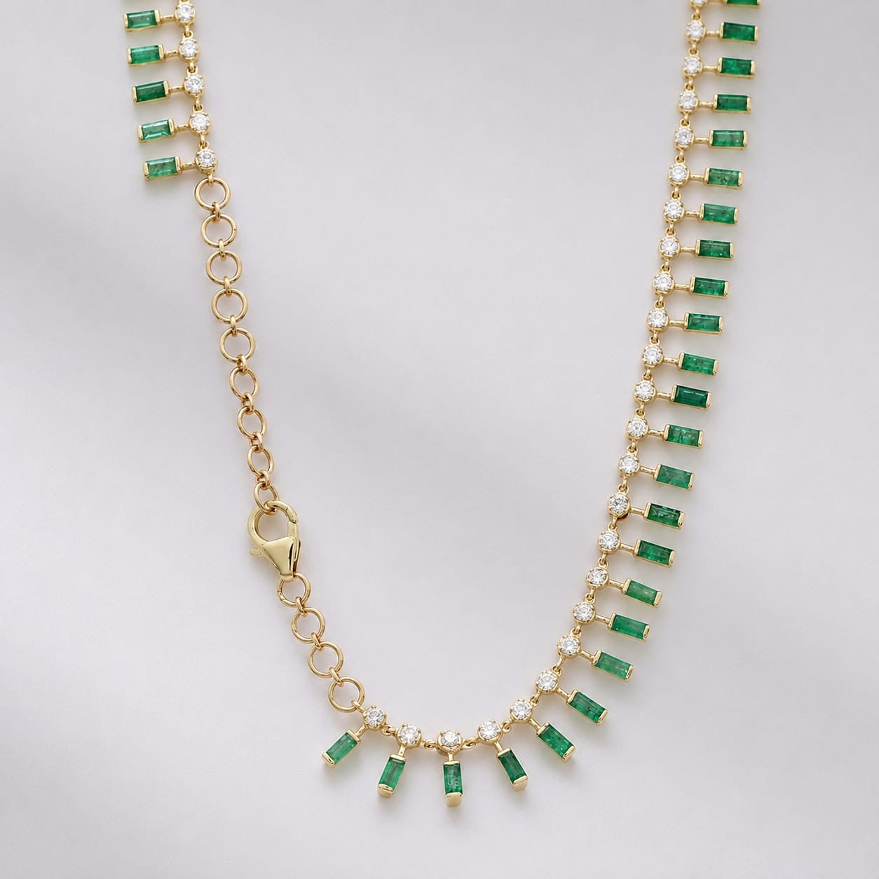 14K Gold Natural Emerald & Diamond Dot Dash Choker Necklace