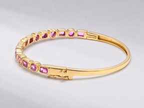 Natural Pink Sapphire Bezel Set Cuff Bracelet in 18K Gold