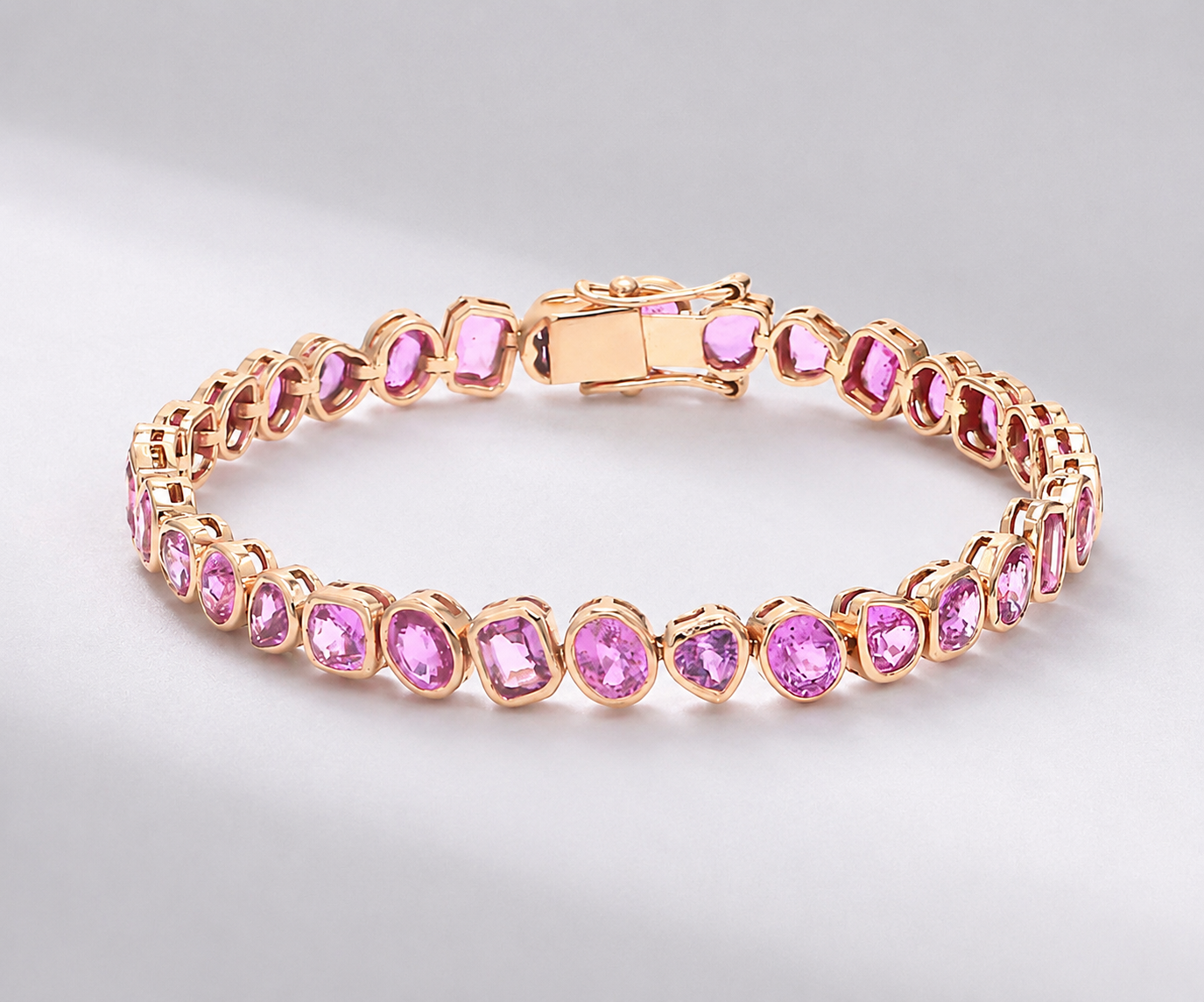 12 Carat Natural Pink Sapphire Mixed-Shape Tennis Bracelet in 14K Gold