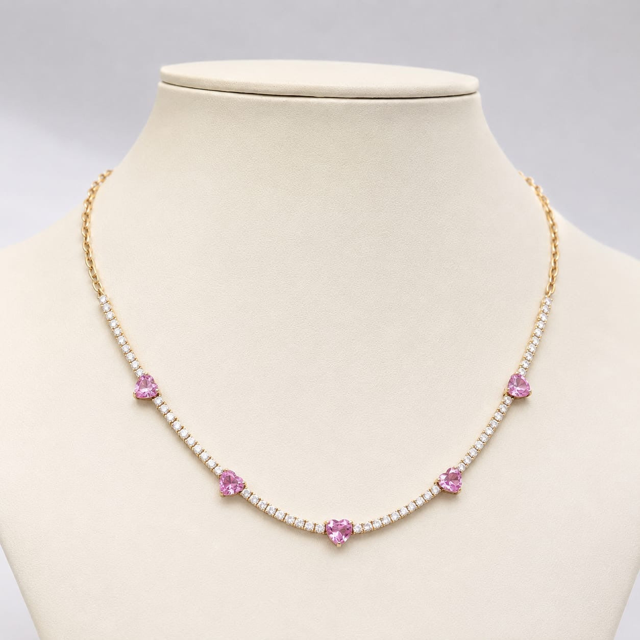 Natural Heart-Cut Pink Sapphire and Lab-Grown Diamond Tennis Necklace