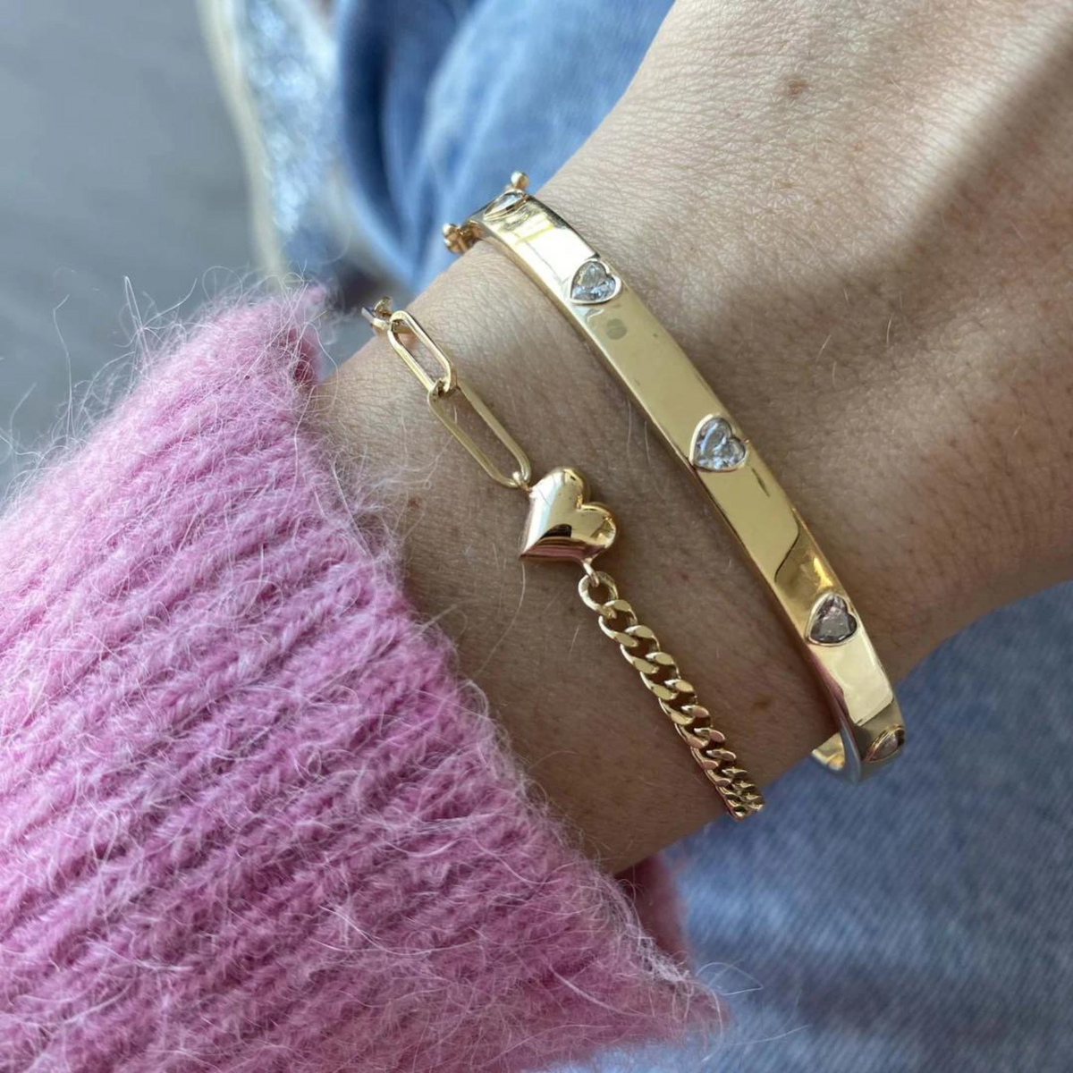 Gold Heart Paperclip & Cuban 50-50 Bracelet