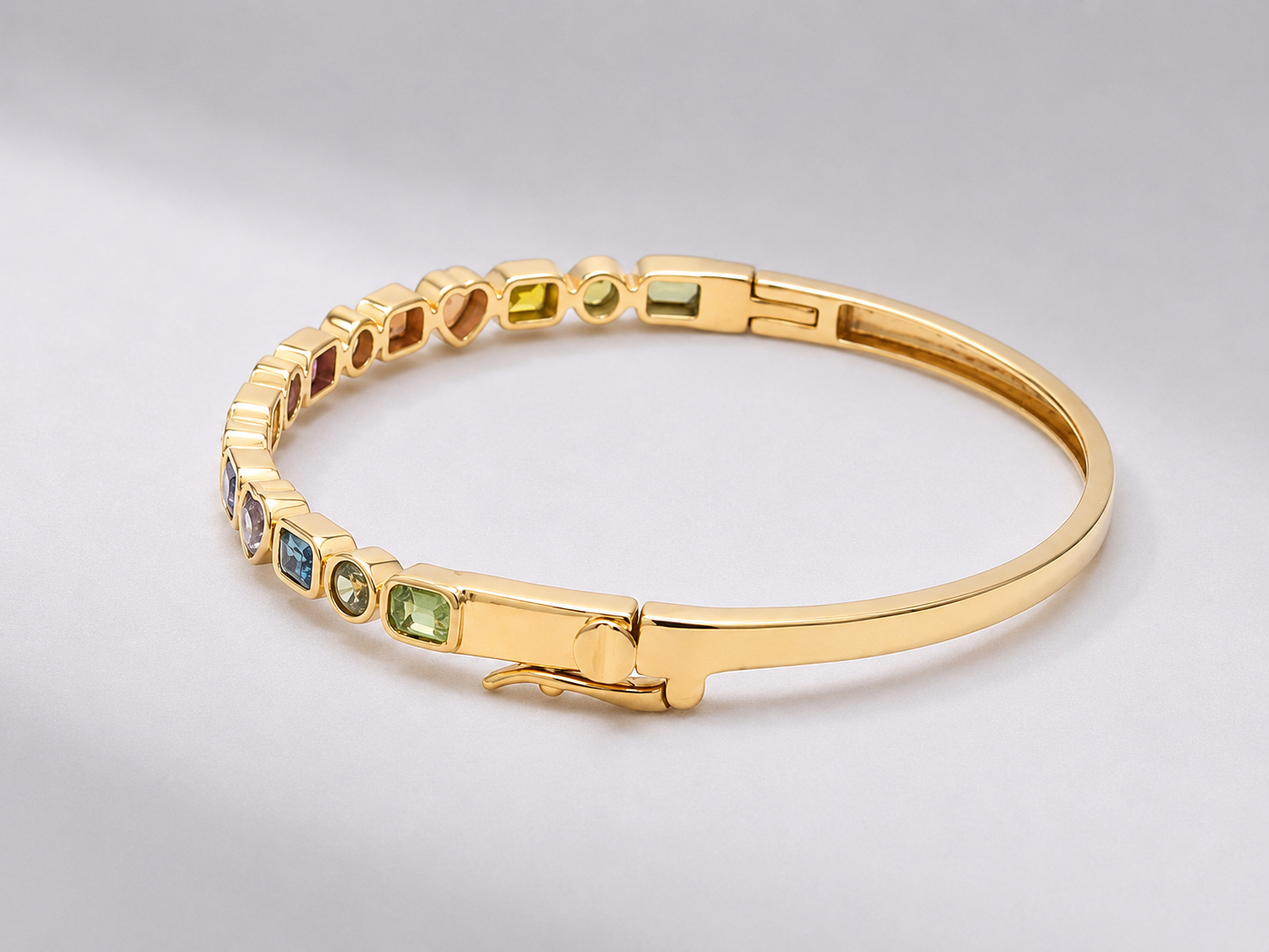 Natural Rainbow Sapphire Bezel Set Stacking Cuff Bracelet in 18K Yellow Gold