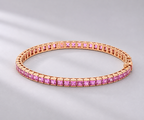 7 Carat Natural Pink Sapphire Princess-Cut Half-Bezel Tennis Bracelet in 18K Gold