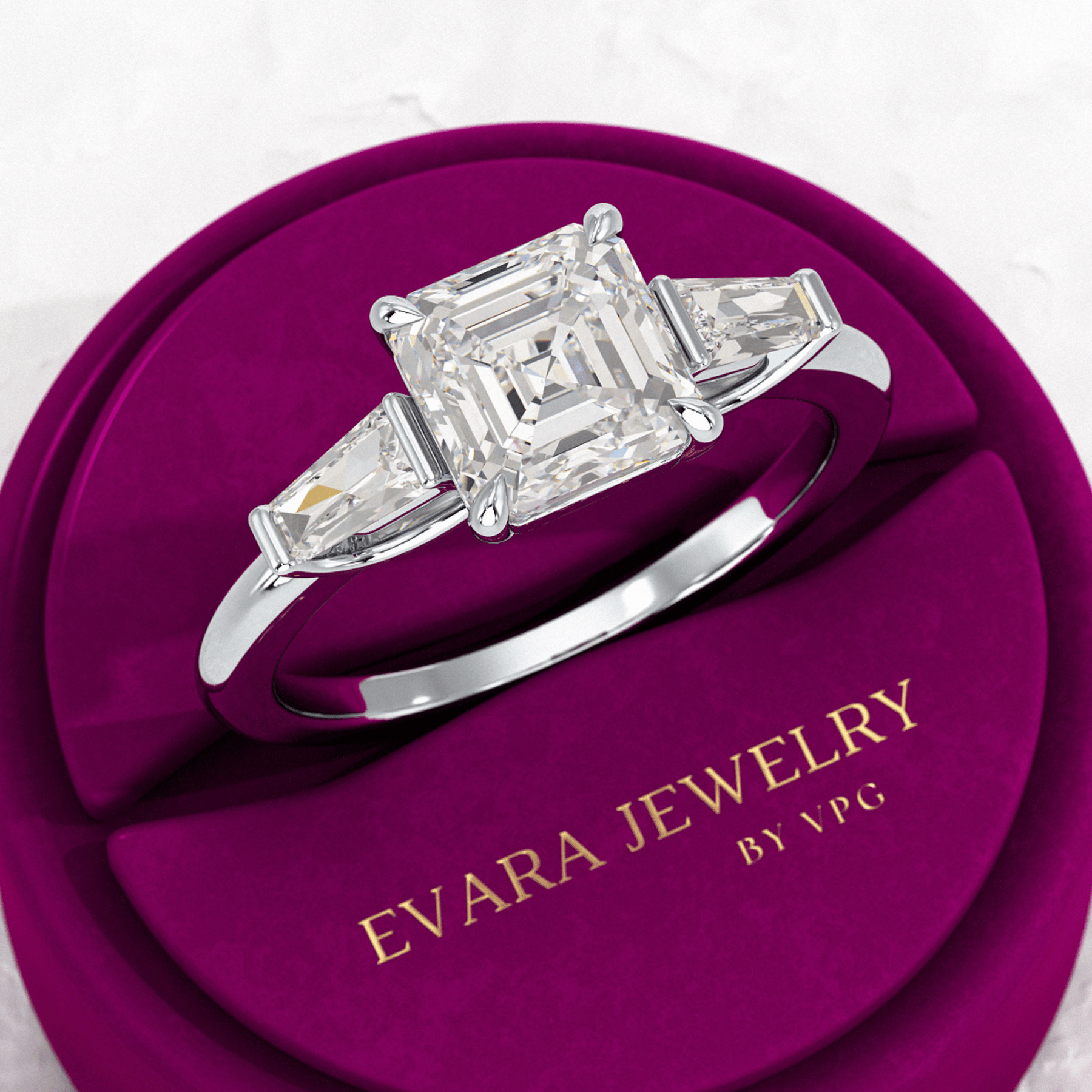 2 Carat Asscher Cut Three Stone Engagement Ring - Evara Jewelry LLC