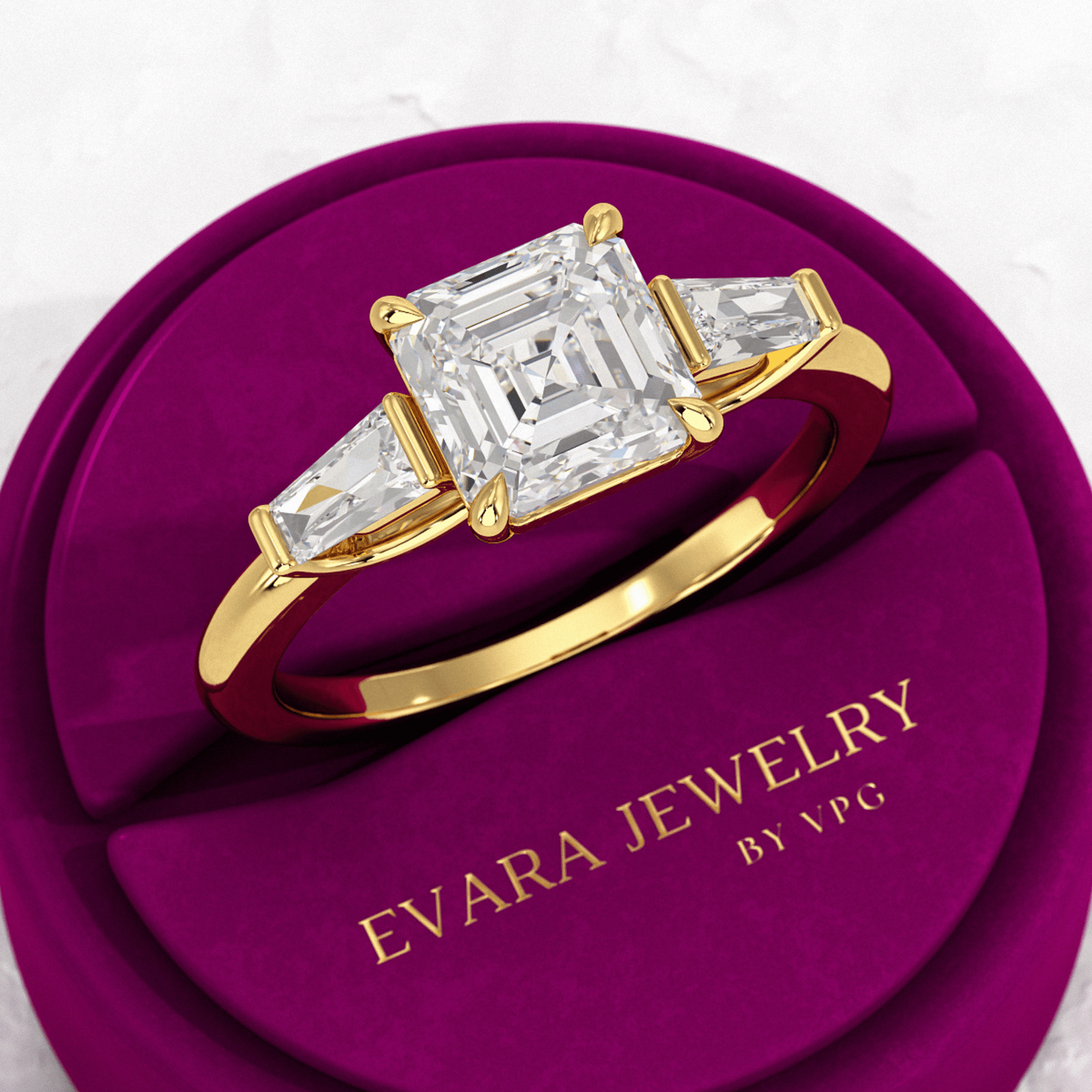 2 Carat Asscher Cut Three Stone Engagement Ring - Evara Jewelry LLC