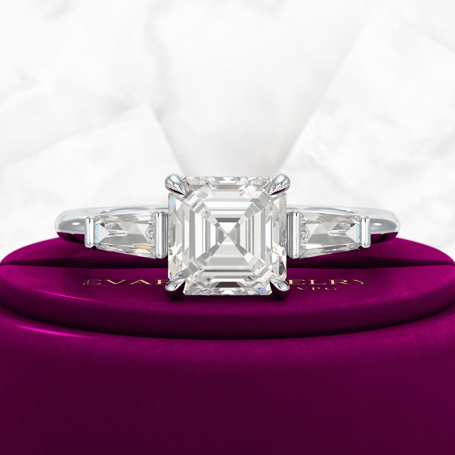 2 Carat Asscher Cut Three Stone Engagement Ring - Evara Jewelry LLC