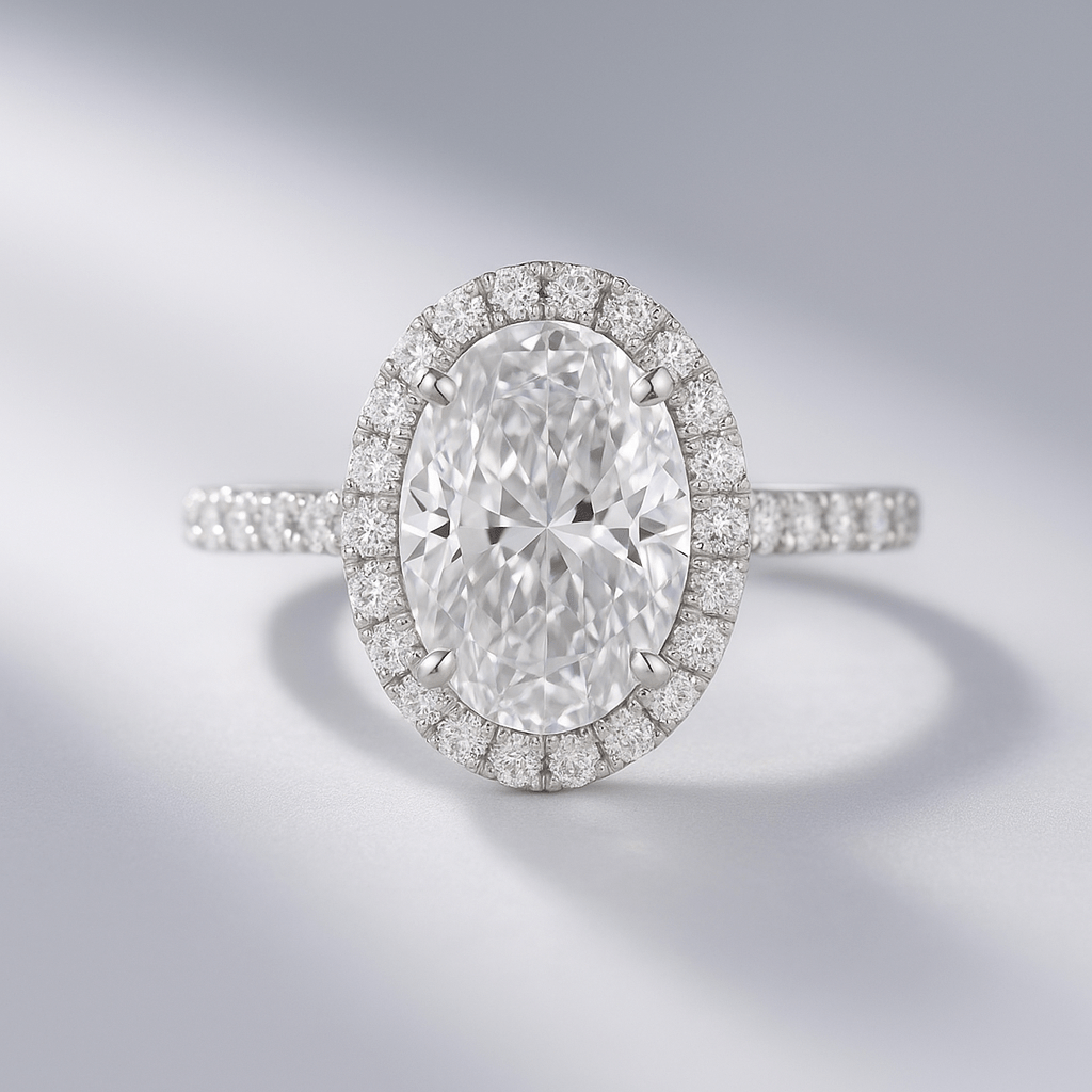 2 Carat Classic Oval Cut Diamond Halo Engagement Ring with Pave Band - Evara Jewelry LLC