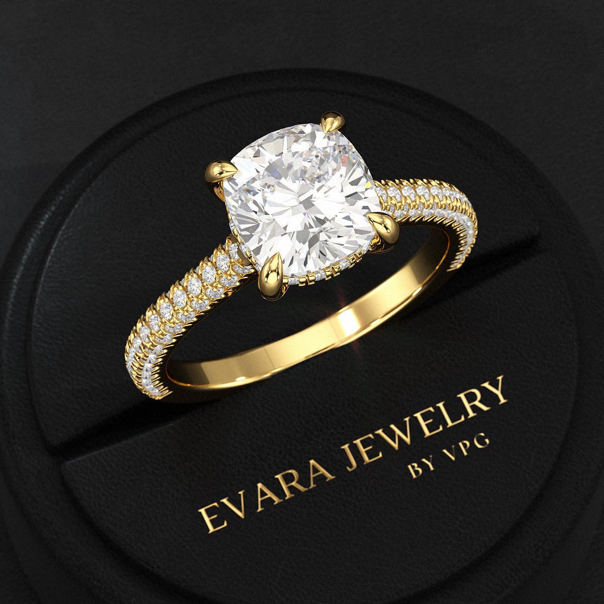 2 Carat Cushion Cut Diamond Engagement Ring with French Pave Band - Evara Jewelry LLC